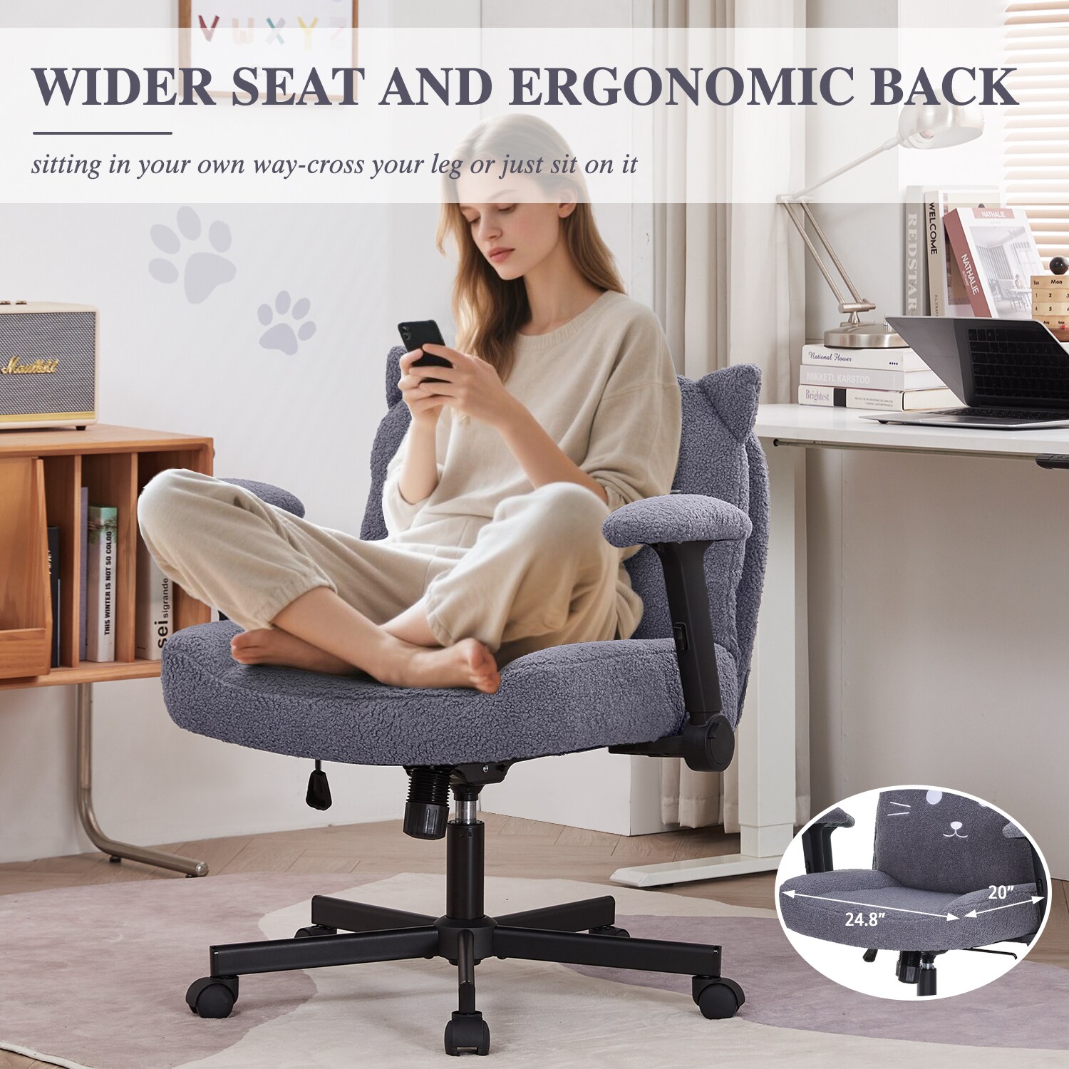 Sunchen Criss Cross Chair With Wheels And Arms, Cross Legged Office Chair With Wide Seat, Adjustable Cute Comfy Desk Chairs For Home Office, Bedroom, Vanity, Grey_maomaolike.com